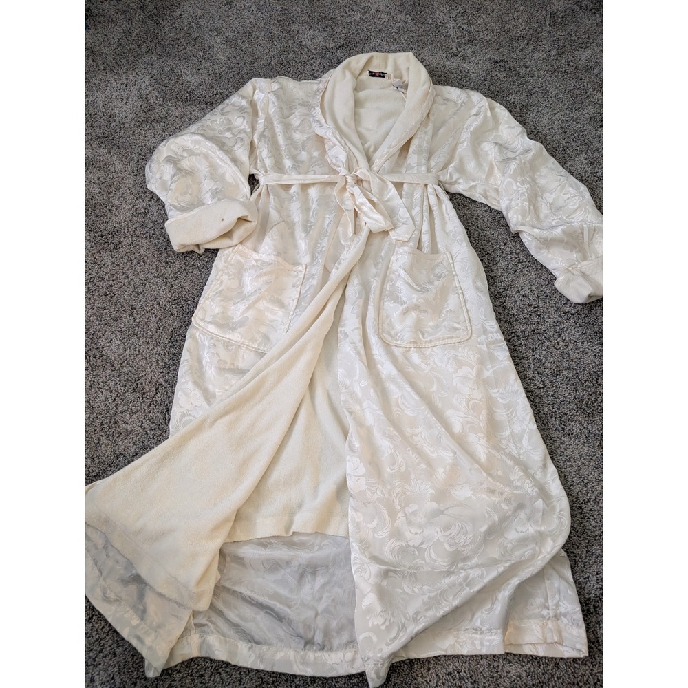 Vintage Jenny Buchanan Intimates Floral Jacquard Terry Lined Robe Cream Small